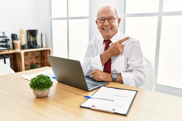 Senior Man Working Office Using Computer Laptop Big Smile Face — Stock Photo, Image