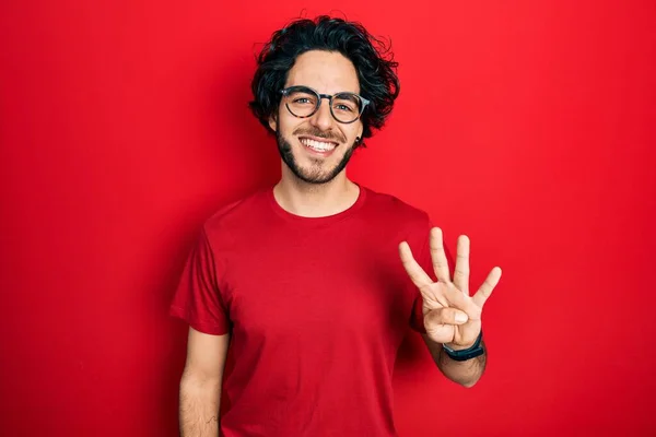 Handsome Hispanic Man Wearing Casual Shirt Glasses Showing Pointing Fingers — Fotografia de Stock
