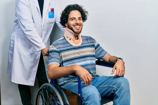 Handsome Hispanic Man Sitting Wheelchair Wearing Neck Collar Happy Cool — Stockfoto