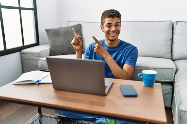 Young Handsome Hispanic Man Using Laptop Sitting Floor Smiling Looking — Photo