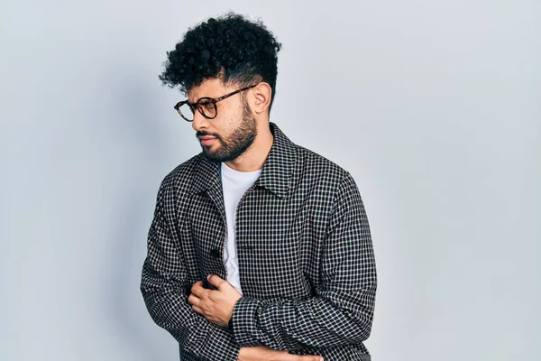 Young Arab Man Beard Wearing Glasses Hand Stomach Because Nausea — Zdjęcie stockowe