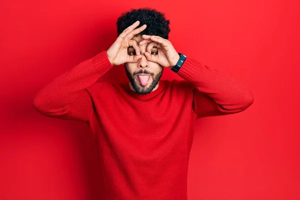 Young Arab Man Beard Wearing Casual Red Sweater Doing Gesture — Stockfoto