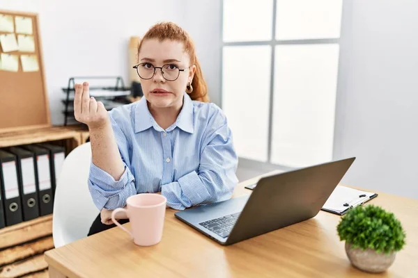 Young Redhead Woman Working Office Using Computer Laptop Doing Italian — Stockfoto