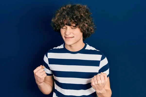 Handsome Young Man Wearing Casual Striped Shirt Excited Success Arms — Φωτογραφία Αρχείου