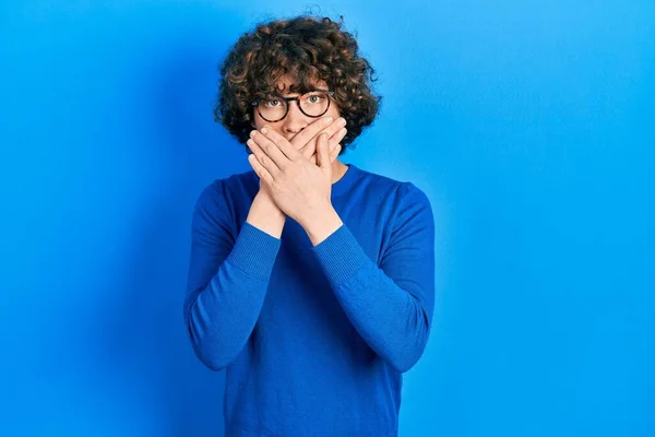 Handsome Young Man Wearing Casual Clothes Glasses Shocked Covering Mouth — Stockfoto