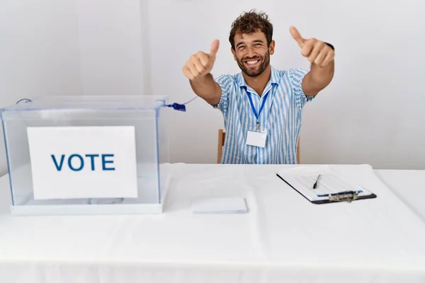 Young Handsome Man Political Election Sitting Ballot Approving Doing Positive — Stockfoto