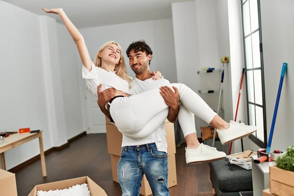 Young Beautiful Man Holding Woman Arms New Home — Stock Photo, Image