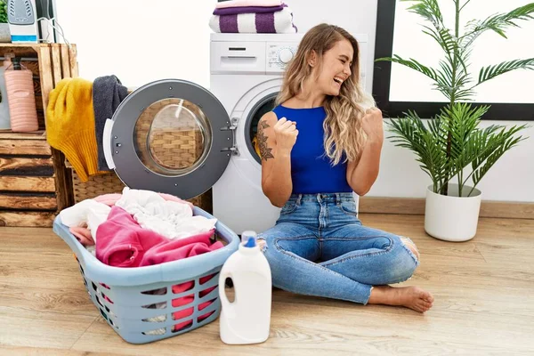 Young Beautiful Woman Doing Laundry Sitting Wicker Basket Very Happy — Stockfoto