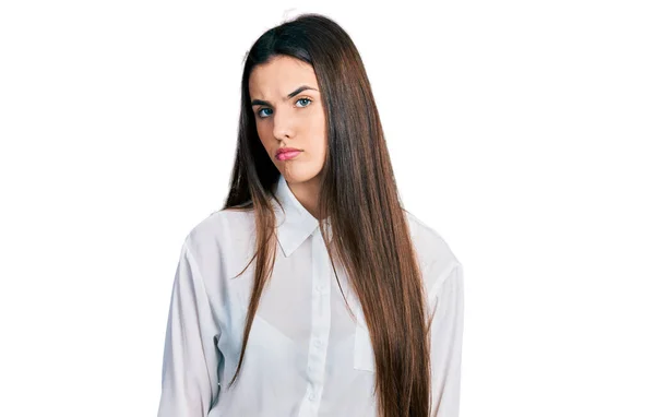Jovem Adolescente Morena Vestindo Camisa Branca Negócios Deprimida Preocupada Com — Fotografia de Stock