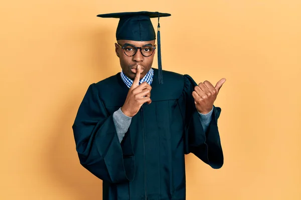 Young African American Man Wearing Graduation Cap Ceremony Robe Asking — Stock Photo, Image