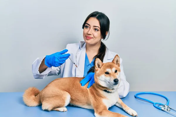 Hermosa Mujer Veterinaria Hispana Poniendo Vacuna Perro Cachorro Sonriendo Mirando — Foto de Stock