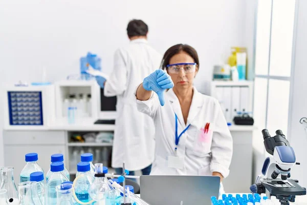 Middle Age Woman Working Scientist Laboratory Angry Face Negative Sign — Stockfoto