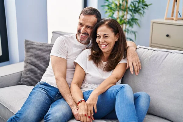 Middle Age Man Woman Couple Hugging Each Other Sitting Sofa — Photo