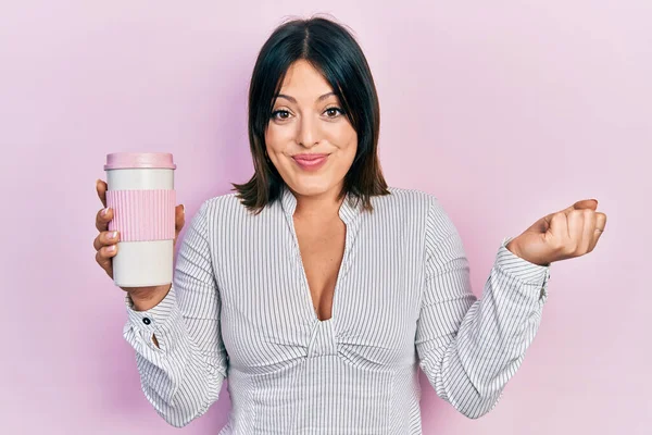 Young Hispanic Woman Drinking Cup Coffee Screaming Proud Celebrating Victory — Stock Photo, Image