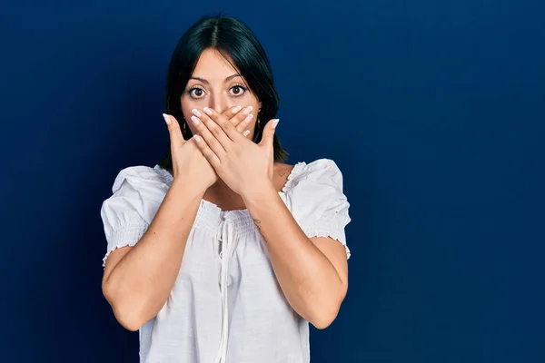 Young Hispanic Woman Wearing Casual Clothes Shocked Covering Mouth Hands — Stock Photo, Image