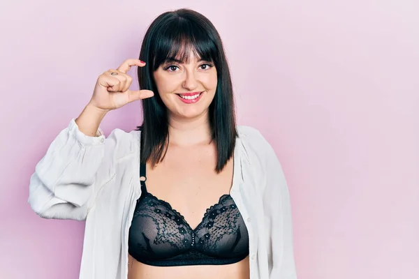 Young Hispanic Woman Wearing Lingerie Smiling Confident Gesturing Hand Doing — Stock Photo, Image