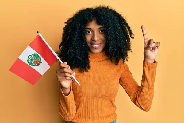 Afrikaans Amerikaanse Vrouw Met Afro Haar Vasthouden Peru Vlag Glimlachen — Stockfoto