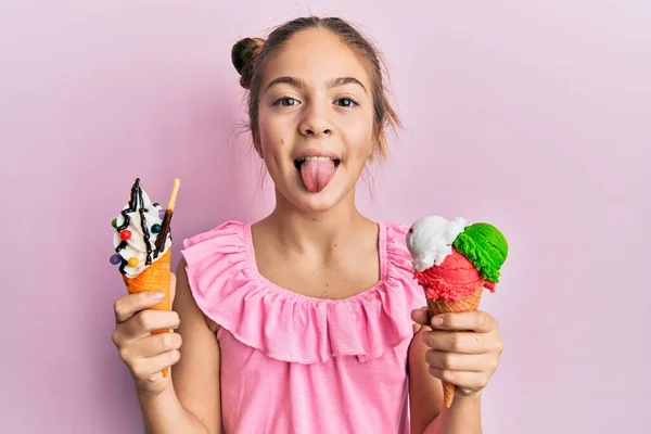 Beautiful Brunette Little Girl Eating Ice Cream Cones Sticking Tongue — 스톡 사진