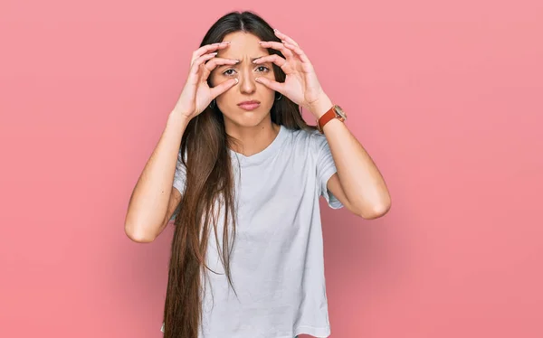 Young Hispanic Girl Wearing Casual White Shirt Trying Open Eyes — Stock Fotó