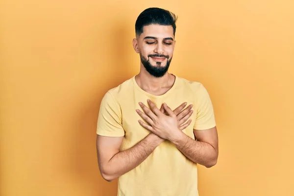 Handsome Man Beard Wearing Casual Yellow Shirt Smiling Hands Chest — Stock Fotó