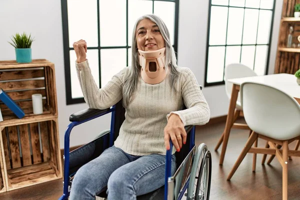 Middle Age Grey Haired Woman Sitting Wheelchair Collar Home Pointing — Stok fotoğraf