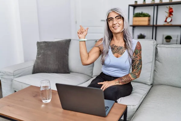 Middle Age Grey Haired Woman Using Laptop Home Big Smile — Stockfoto