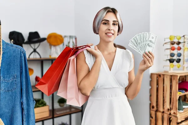 Young Caucasian Customer Woman Holding Shopping Bags Dollars Clothing Store — Stock Photo, Image