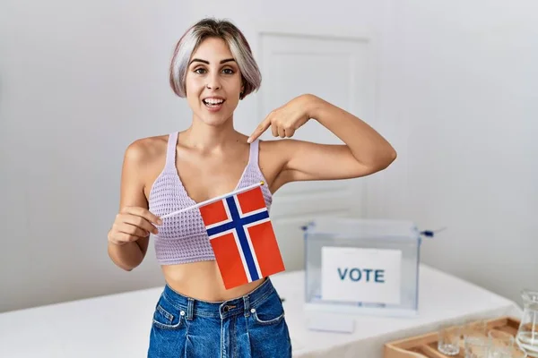 Young Beautiful Woman Political Campaign Election Holding Norway Flag Pointing — Stockfoto