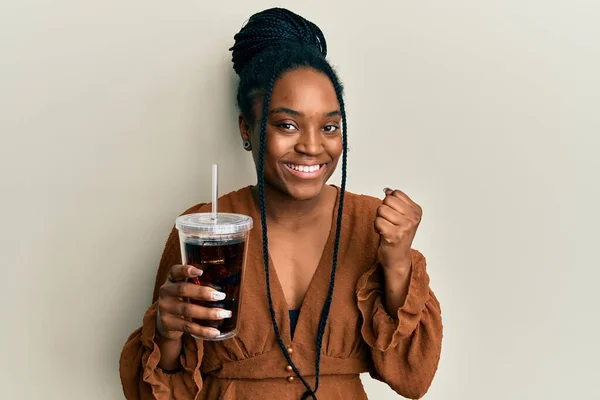 African American Woman Braided Hair Drinking Glass Cola Beverage Screaming —  Fotos de Stock