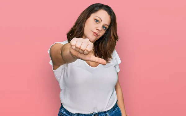 Young Size Woman Wearing Casual White Shirt Looking Unhappy Angry — стоковое фото