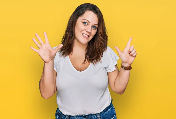 Young Size Woman Wearing Casual White Shirt Showing Pointing Fingers — Stockfoto