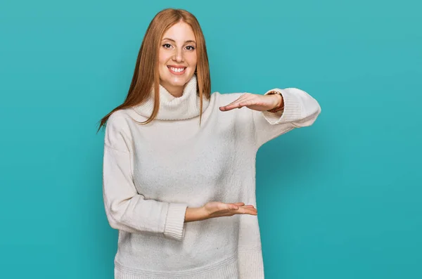 Young Irish Woman Wearing Casual Winter Sweater Gesturing Hands Showing — Stockfoto