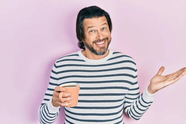 Middle Age Caucasian Man Drinking Cup Coffee Celebrating Achievement Happy — Stockfoto