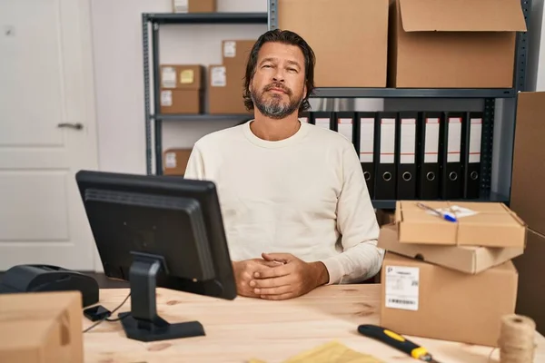 Handsome Middle Age Man Working Small Business Ecommerce Relaxed Serious — Stok fotoğraf