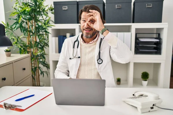 Handsome Middle Age Doctor Man Working Clinic Doing Gesture Hand — Foto Stock