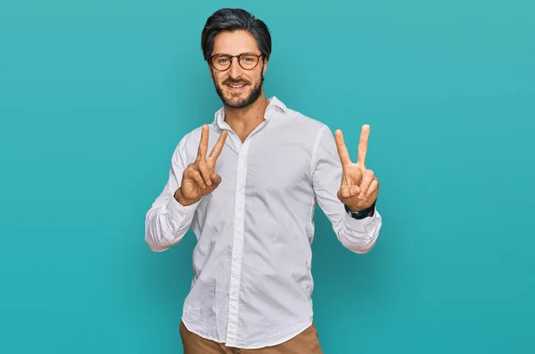 Young Hispanic Man Wearing Business Shirt Glasses Smiling Looking Camera — Stockfoto