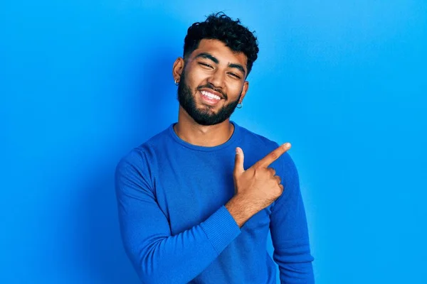 Arab Man Beard Wearing Casual Blue Sweater Cheerful Smile Face — Stock Fotó