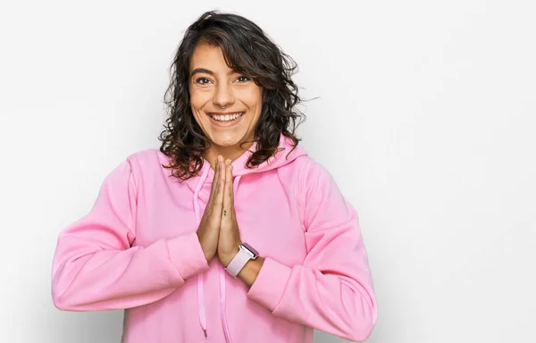 Young Hispanic Woman Wearing Casual Sweatshirt Praying Hands Together Asking — Stockfoto