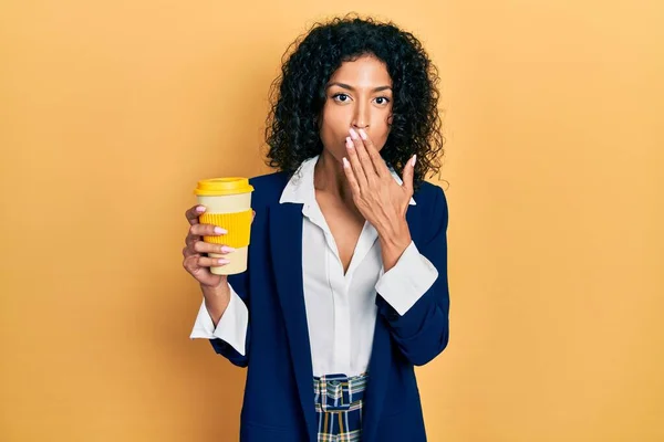 Young Latin Girl Wearing Business Style Drinking Cup Coffee Covering — Stok fotoğraf