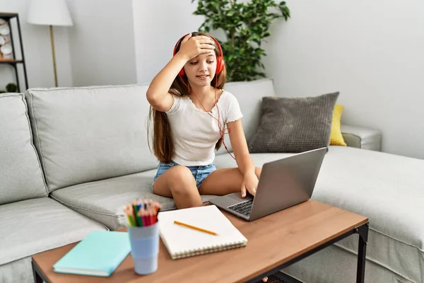 Young Brunette Teenager Doing Homework Laptop Home Stressed Frustrated Hand — Stockfoto