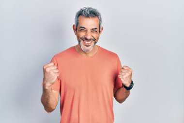 Yakışıklı, orta yaşlı, gri saçlı, sıradan tişörtlü, başarılı olmak için heyecanlanan kolları havada, gözleri kapalı, zaferi kutlayan bir adam. Kazanan konsept. 