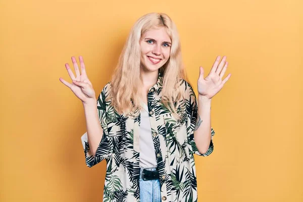 Beautiful Caucasian Woman Blond Hair Wearing Tropical Shirt Showing Pointing — Stock Photo, Image