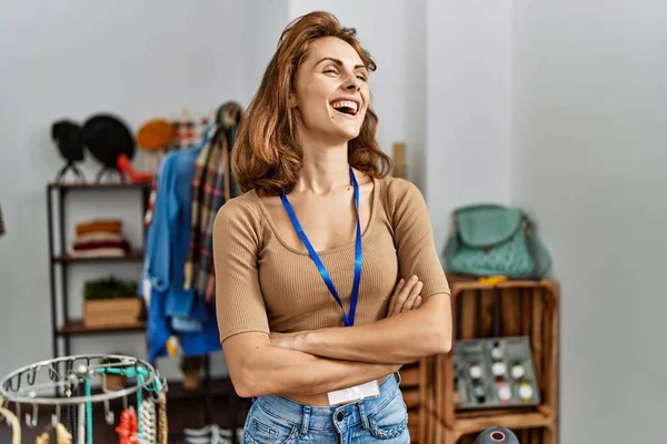 Young Caucasian Shopkeeper Woman Smiling Happy Standing Arms Crossed Gesture — Fotografia de Stock