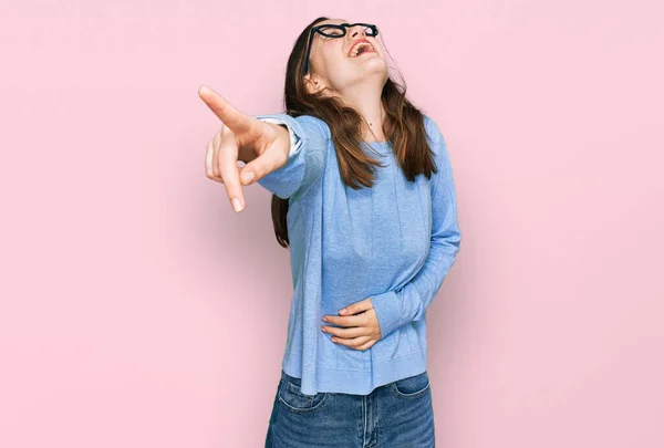 Young Beautiful Woman Wearing Casual Clothes Glasses Laughing You Pointing — Stok fotoğraf