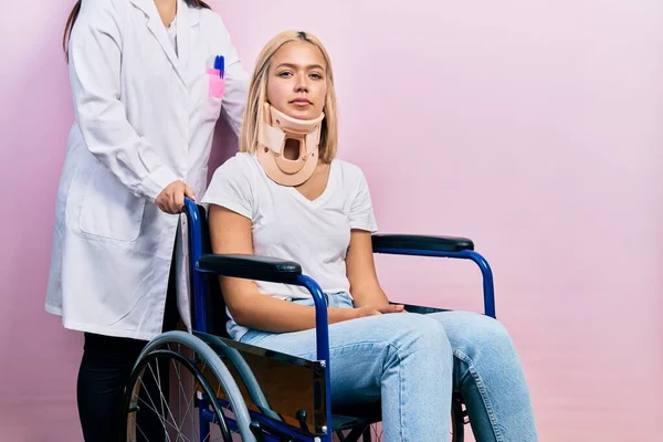 Beautiful Blonde Woman Sitting Wheelchair Collar Neck Relaxed Serious Expression — Stock Photo, Image