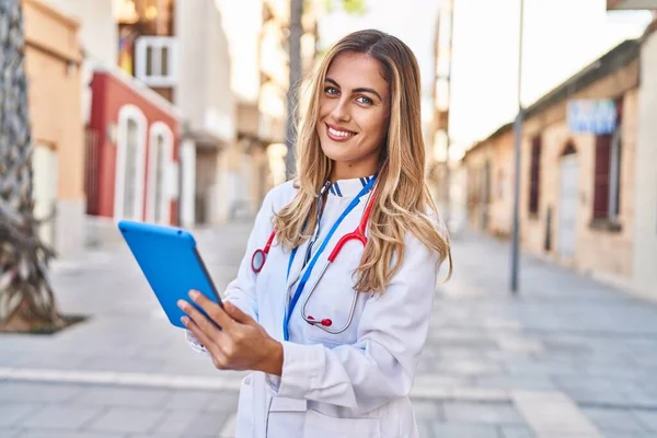 Young Blonde Woman Wearing Doctor Uniform Using Touchpad Street — Stock Photo, Image