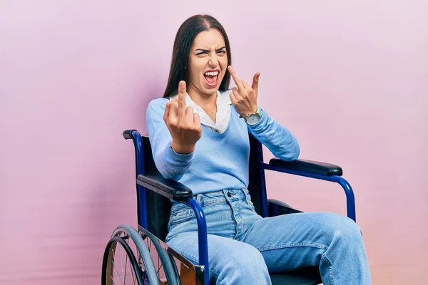 Beautiful Woman Blue Eyes Sitting Wheelchair Showing Middle Finger Doing — Photo