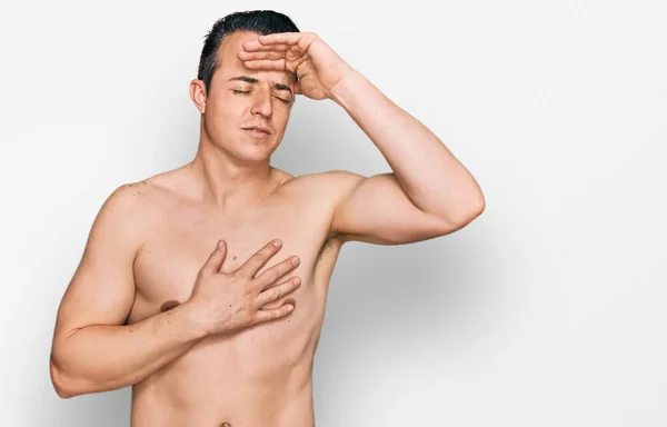 Handsome Young Man Wearing Swimwear Shirtless Touching Forehead Illness Fever — Stock Photo, Image