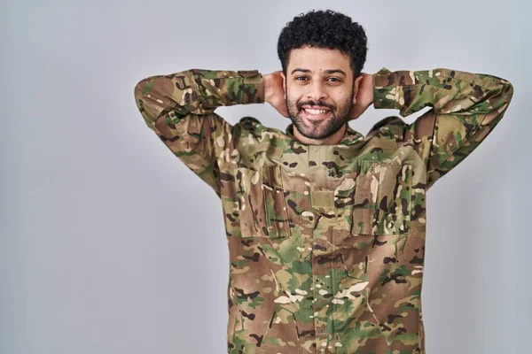 Arab Man Wearing Camouflage Army Uniform Relaxing Stretching Arms Hands — Stock Photo, Image
