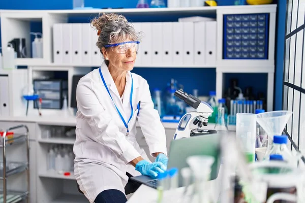 Middle Age Woman Scientist Using Laptop Laboratory — Stock Photo, Image